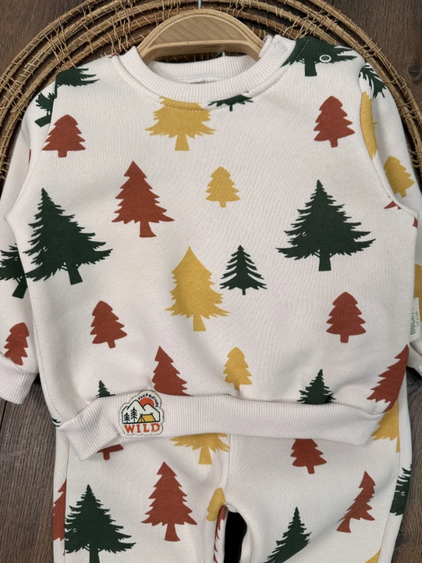 3 İplik İçi Pamuklu Çam Baskılı Omuzdan Çıtçıtlı Kışlık Unisex Bebek Takım
