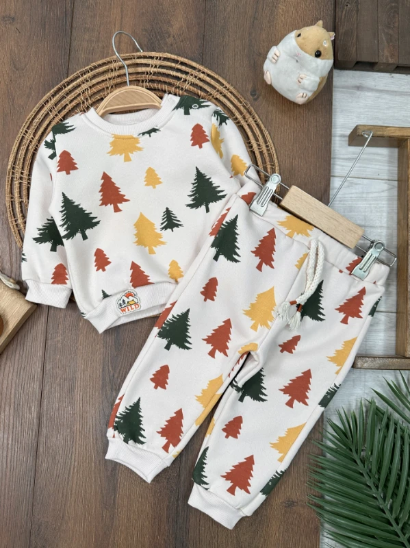  3 İplik İçi Pamuklu Çam Baskılı Omuzdan Çıtçıtlı Kışlık Unisex Bebek Takım