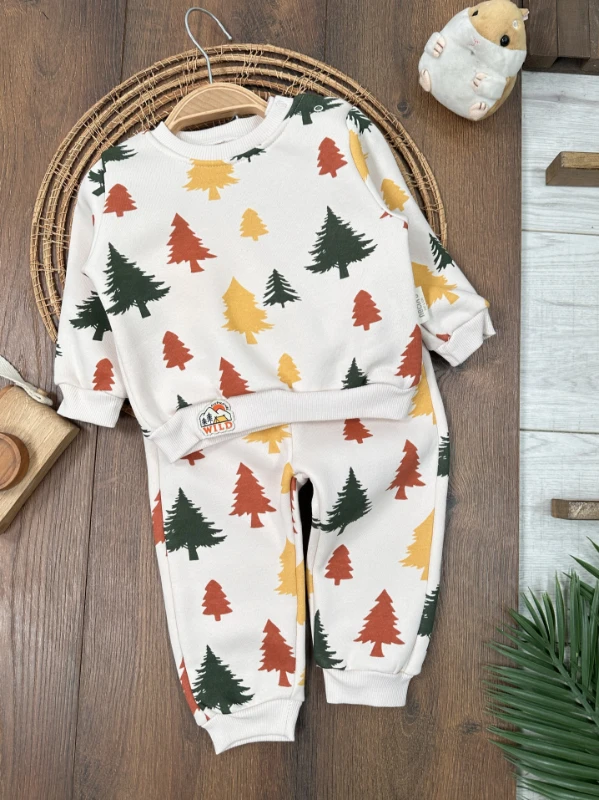  3 İplik İçi Pamuklu Çam Baskılı Omuzdan Çıtçıtlı Kışlık Unisex Bebek Takım