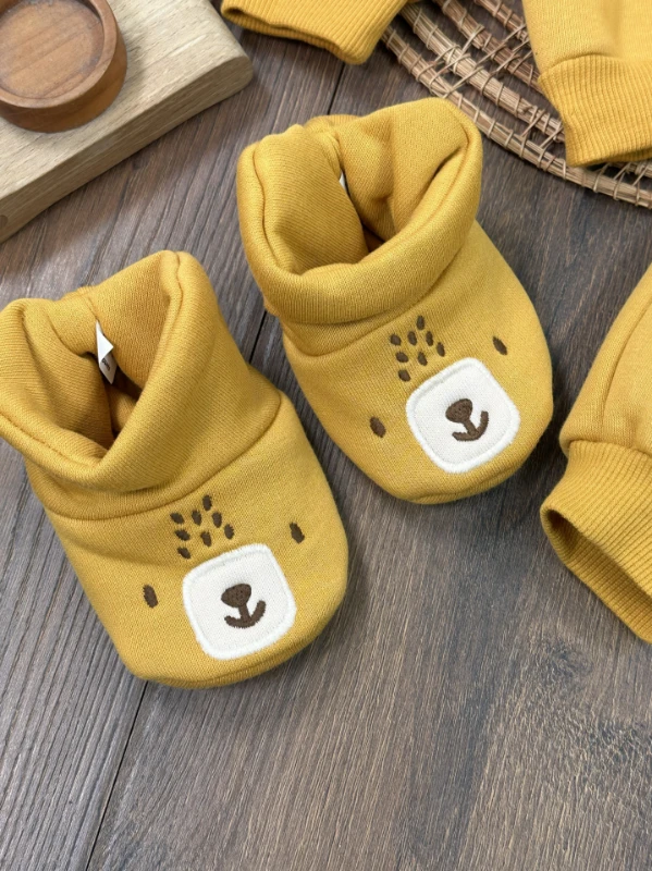 3 İplik İçi Pamuklu Panduf Patikli Ayıcık Nakışlı Omuzdan Çıtçıtlı Kışlık Erkek Bebek Takım