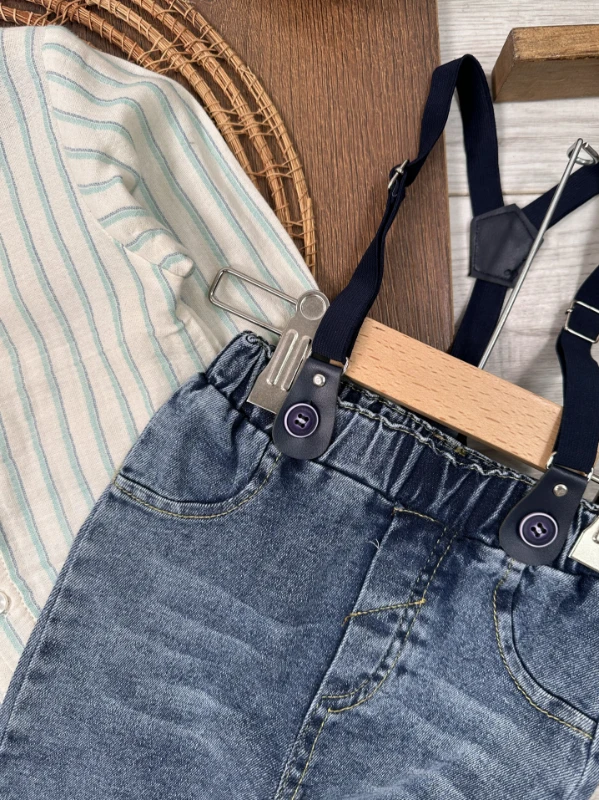 Keten Çizgili Gömlek Askı Kemerli Likralı Kot Pantolon Erkek Bebek Takım (alt/üst ) 
