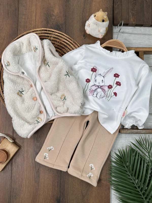Peluş Yelek Çiçek Nakışlı Tavşan Baskılı 3 İplik İçi Pamuklu Pantolon Kışlık Kız Bebek Takım
