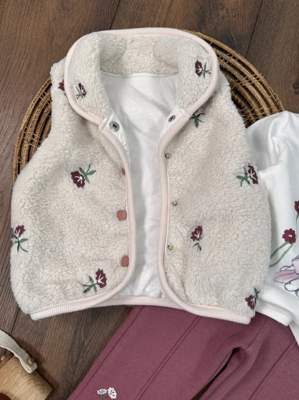Peluş Yelek Çiçek Nakışlı Tavşan Baskılı 3 İplik İçi Pamuklu Pantolon Kışlık Kız Bebek Takım