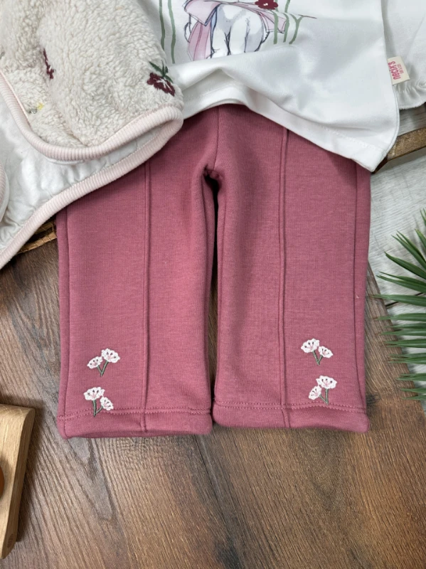 Peluş Yelek Çiçek Nakışlı Tavşan Baskılı 3 İplik İçi Pamuklu Pantolon Kışlık Kız Bebek Takım