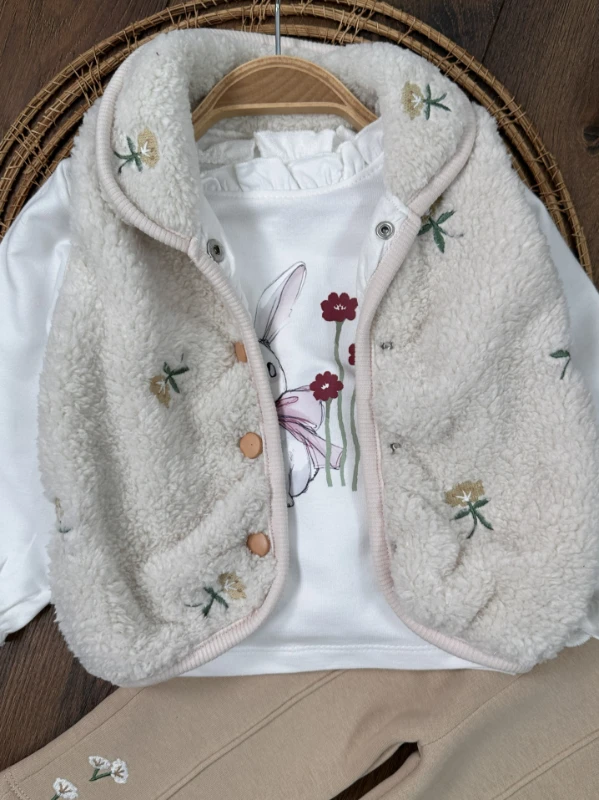 Peluş Yelek Çiçek Nakışlı Tavşan Baskılı 3 İplik İçi Pamuklu Pantolon Kışlık Kız Bebek Takım