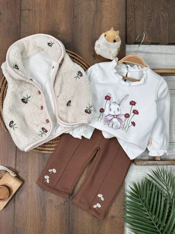 Peluş Yelek Çiçek Nakışlı Tavşan Baskılı 3 İplik İçi Pamuklu Pantolon Kışlık Kız Bebek Takım