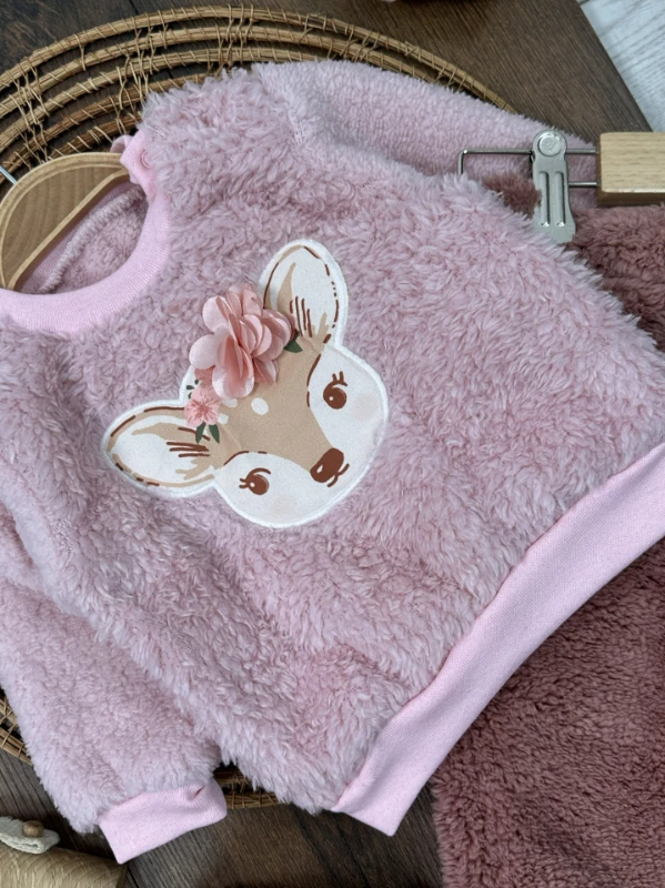 Pelüş Panduflu Geyik Figürlü Omuzdan Çıtçıtlı Kışlık Kız Bebek Takım
