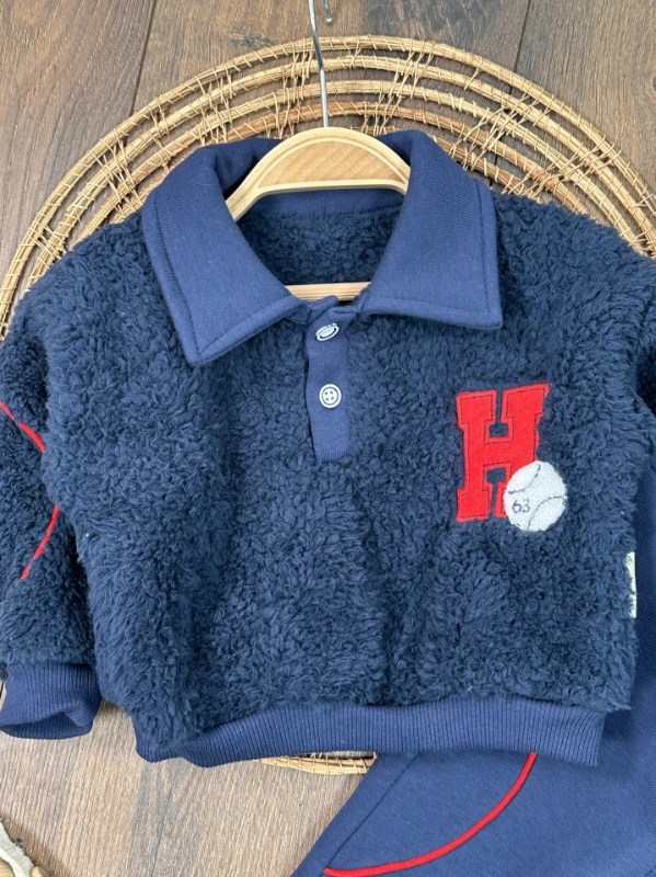 Peluş Polo Yaka Sweatshirt  3 İplik İçi Şardonlu Pantolon Kışlık Erkek Bebek Takım