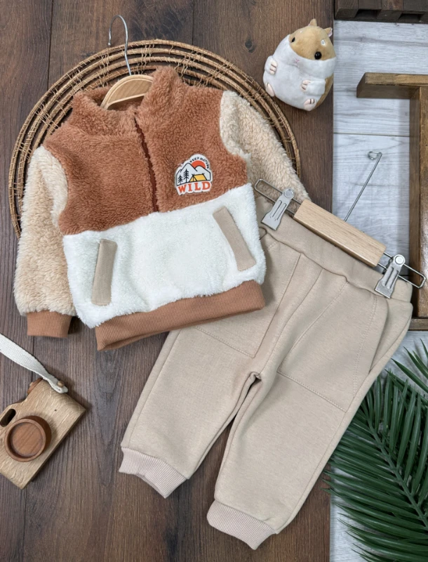 Peluş Yarım Fermuarlı Sweatshirt  3 İplik İçi Pamuklu Pantolon Kışlık Erkek Bebek Takım