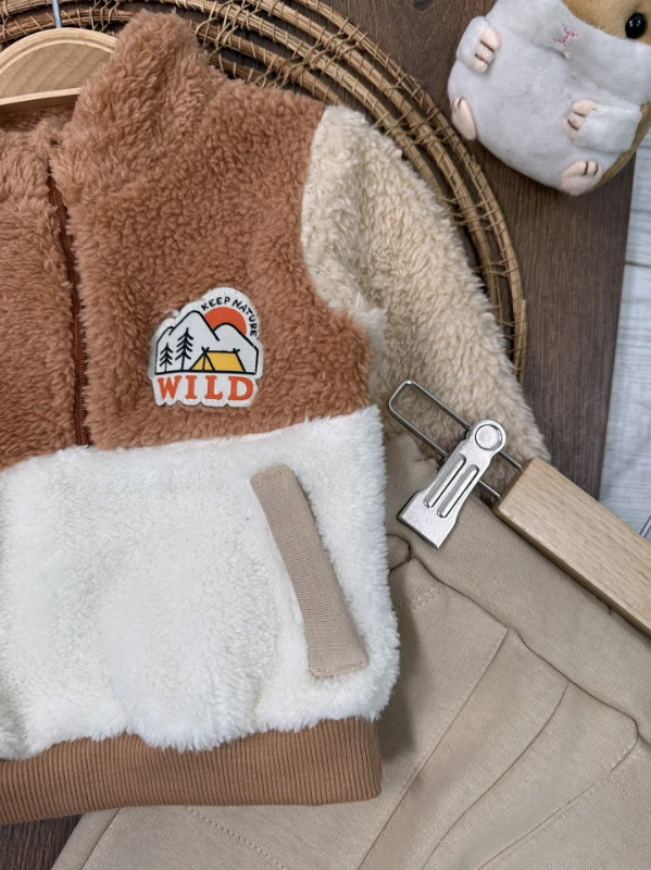 Peluş Yarım Fermuarlı Sweatshirt  3 İplik İçi Pamuklu Pantolon Kışlık Erkek Bebek Takım