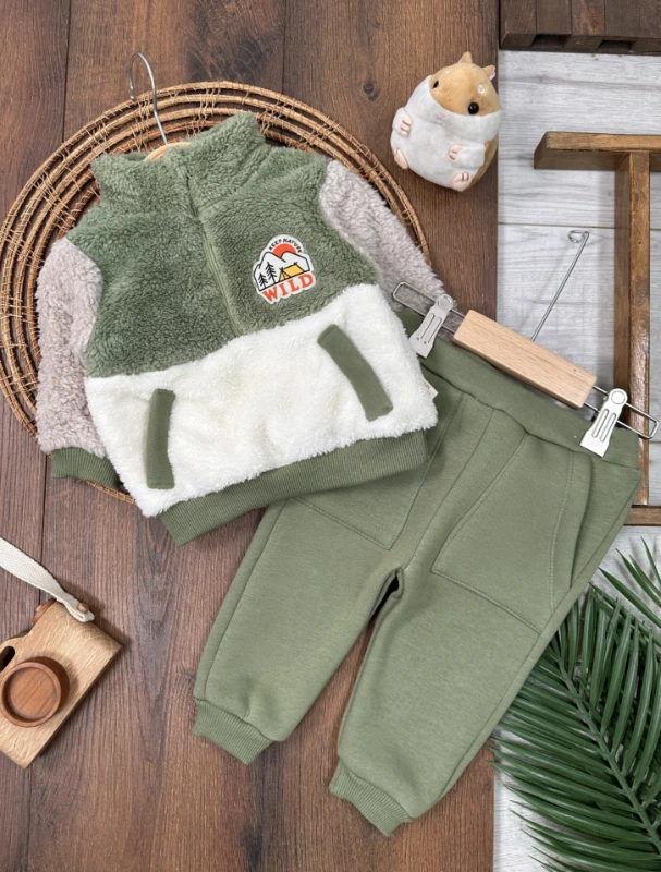 Peluş Yarım Fermuarlı Sweatshirt  3 İplik İçi Pamuklu Pantolon Kışlık Erkek Bebek Takım