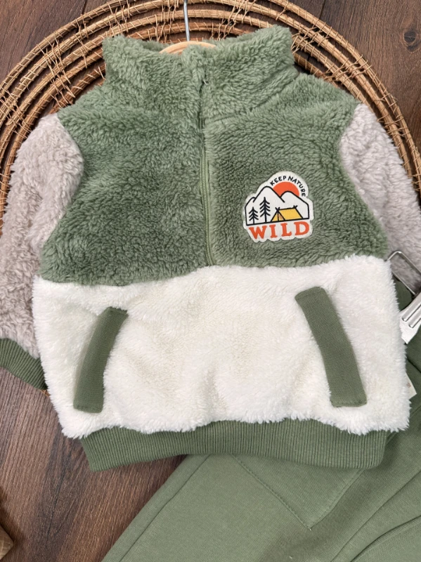 Peluş Yarım Fermuarlı Sweatshirt  3 İplik İçi Pamuklu Pantolon Kışlık Erkek Bebek Takım
