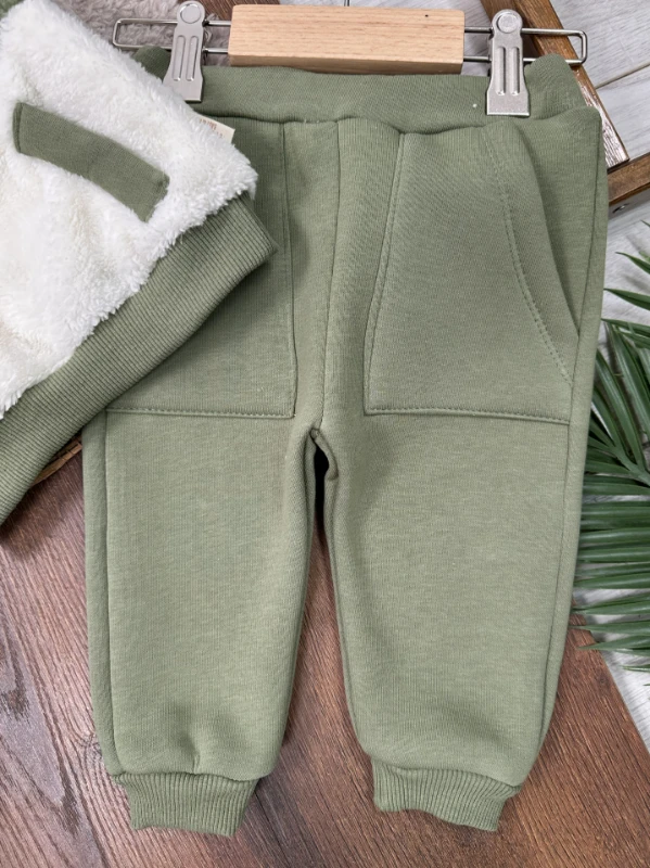 Peluş Yarım Fermuarlı Sweatshirt  3 İplik İçi Pamuklu Pantolon Kışlık Erkek Bebek Takım