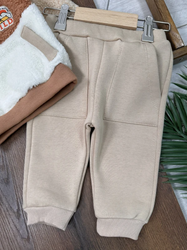 Peluş Yarım Fermuarlı Sweatshirt  3 İplik İçi Pamuklu Pantolon Kışlık Erkek Bebek Takım