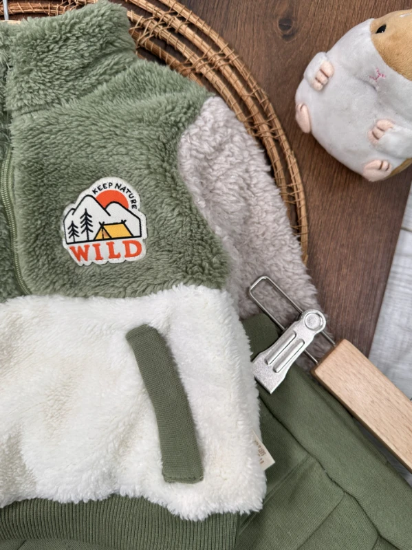 Peluş Yarım Fermuarlı Sweatshirt  3 İplik İçi Pamuklu Pantolon Kışlık Erkek Bebek Takım