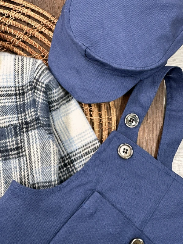 Oduncu Gömlek Şapkalı Kanguru Cepli Kanvars Salopet Erkek Bebek Takım