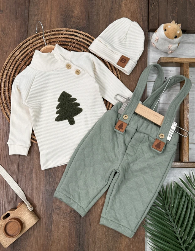 Kapitone Salopet Çam Nakışlı Bereli Balıkçı Yaka Badi Kışlık 3lü Erkek Bebek Takım