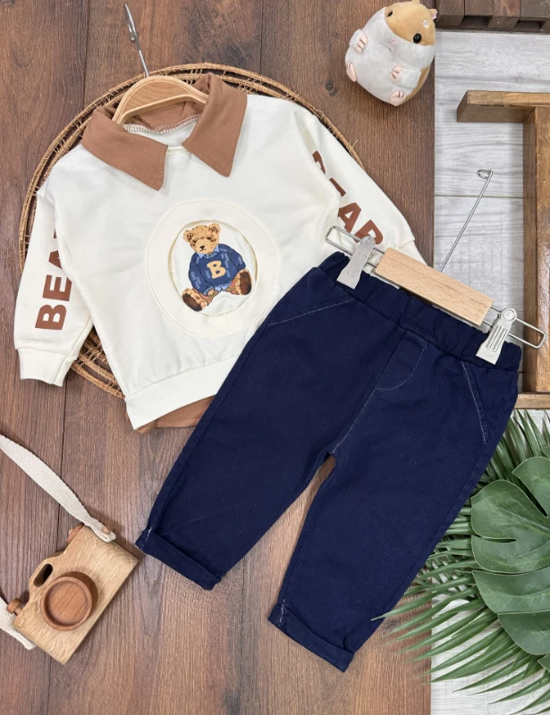 Polo Yaka Ayıcık Baskılı Likralı Kot Pantolon Erkek Bebek Takım
