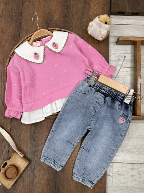 Müslin Çilek Nakışlı Bebe Yaka Sweatshirt Likralı Kot Pantolon Kız Bebek Takım