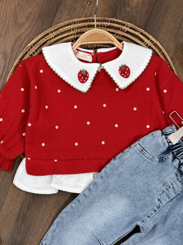 Müslin Çilek Nakışlı Bebe Yaka Sweatshirt Likralı Kot Pantolon Kız Bebek Takım