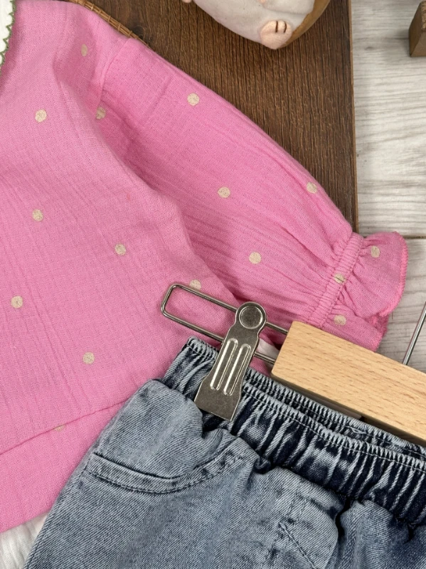 Müslin Çilek Nakışlı Bebe Yaka Sweatshirt Likralı Kot Pantolon Kız Bebek Takım