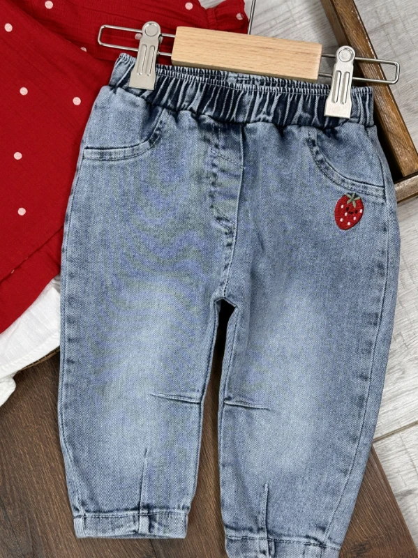 Müslin Çilek Nakışlı Bebe Yaka Sweatshirt Likralı Kot Pantolon Kız Bebek Takım