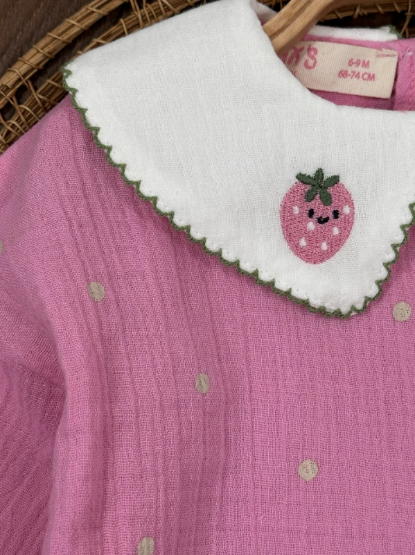 Müslin Çilek Nakışlı Bebe Yaka Sweatshirt Likralı Kot Pantolon Kız Bebek Takım