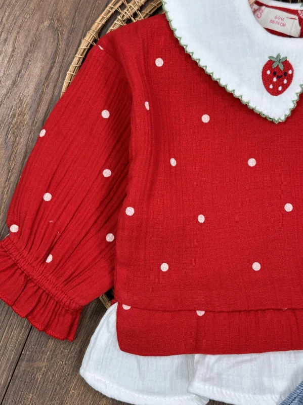 Müslin Çilek Nakışlı Bebe Yaka Sweatshirt Likralı Kot Pantolon Kız Bebek Takım