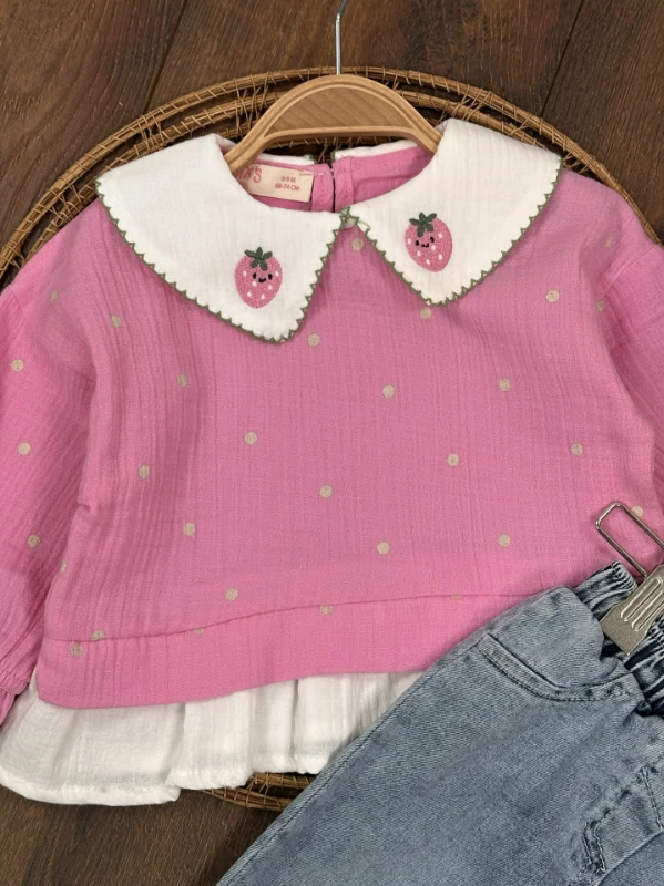 Müslin Çilek Nakışlı Bebe Yaka Sweatshirt Likralı Kot Pantolon Kız Bebek Takım