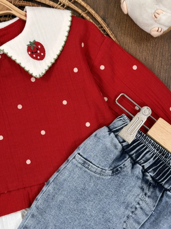 Müslin Çilek Nakışlı Bebe Yaka Sweatshirt Likralı Kot Pantolon Kız Bebek Takım
