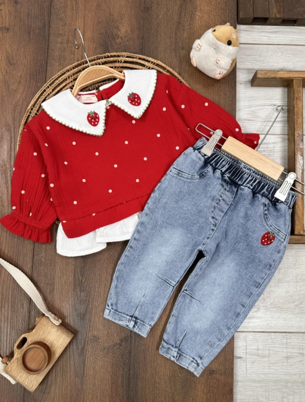 Müslin Çilek Nakışlı Bebe Yaka Sweatshirt Likralı Kot Pantolon Kız Bebek Takım