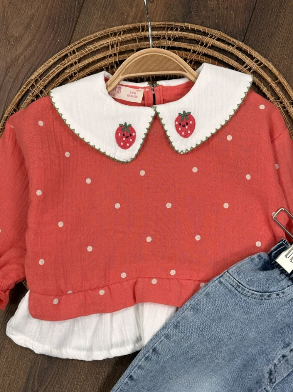 Müslin Çilek Nakışlı Bebe Yaka Sweatshirt Likralı Kot Pantolon Kız Bebek Takım