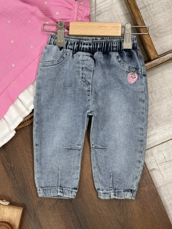 Müslin Çilek Nakışlı Bebe Yaka Sweatshirt Likralı Kot Pantolon Kız Bebek Takım