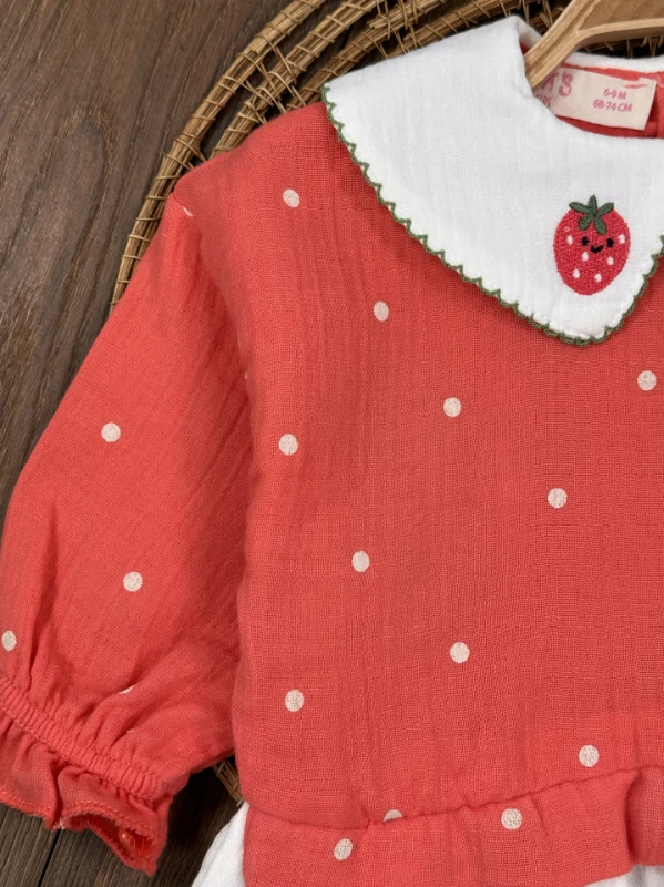 Müslin Çilek Nakışlı Bebe Yaka Sweatshirt Likralı Kot Pantolon Kız Bebek Takım