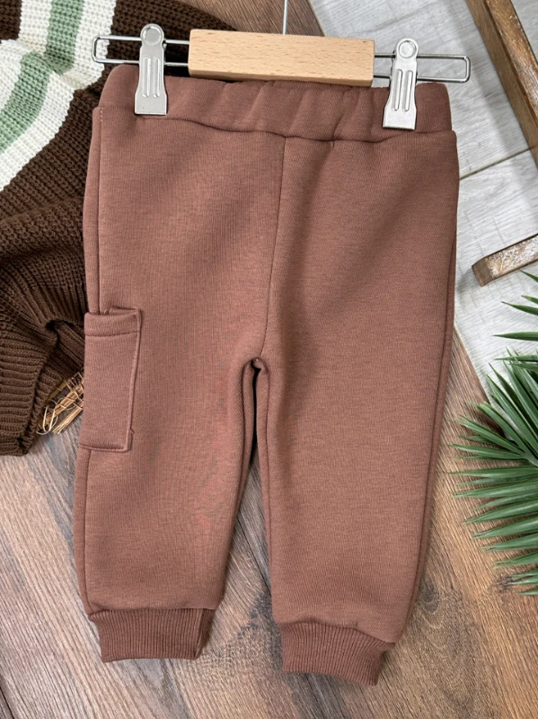 Oversize Triko Kazak Omuzdan Düğmeli 3 İplik İçi Şardonlu Pantolon Kışlık Erkek Bebek Takım