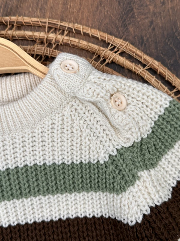 Oversize Triko Kazak Omuzdan Düğmeli 3 İplik İçi Şardonlu Pantolon Kışlık Erkek Bebek Takım