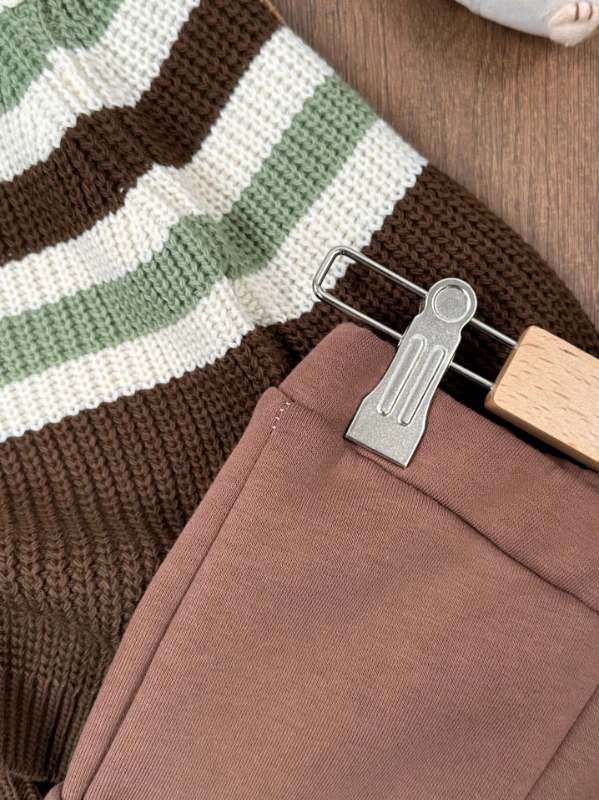 Oversize Triko Kazak Omuzdan Düğmeli 3 İplik İçi Şardonlu Pantolon Kışlık Erkek Bebek Takım