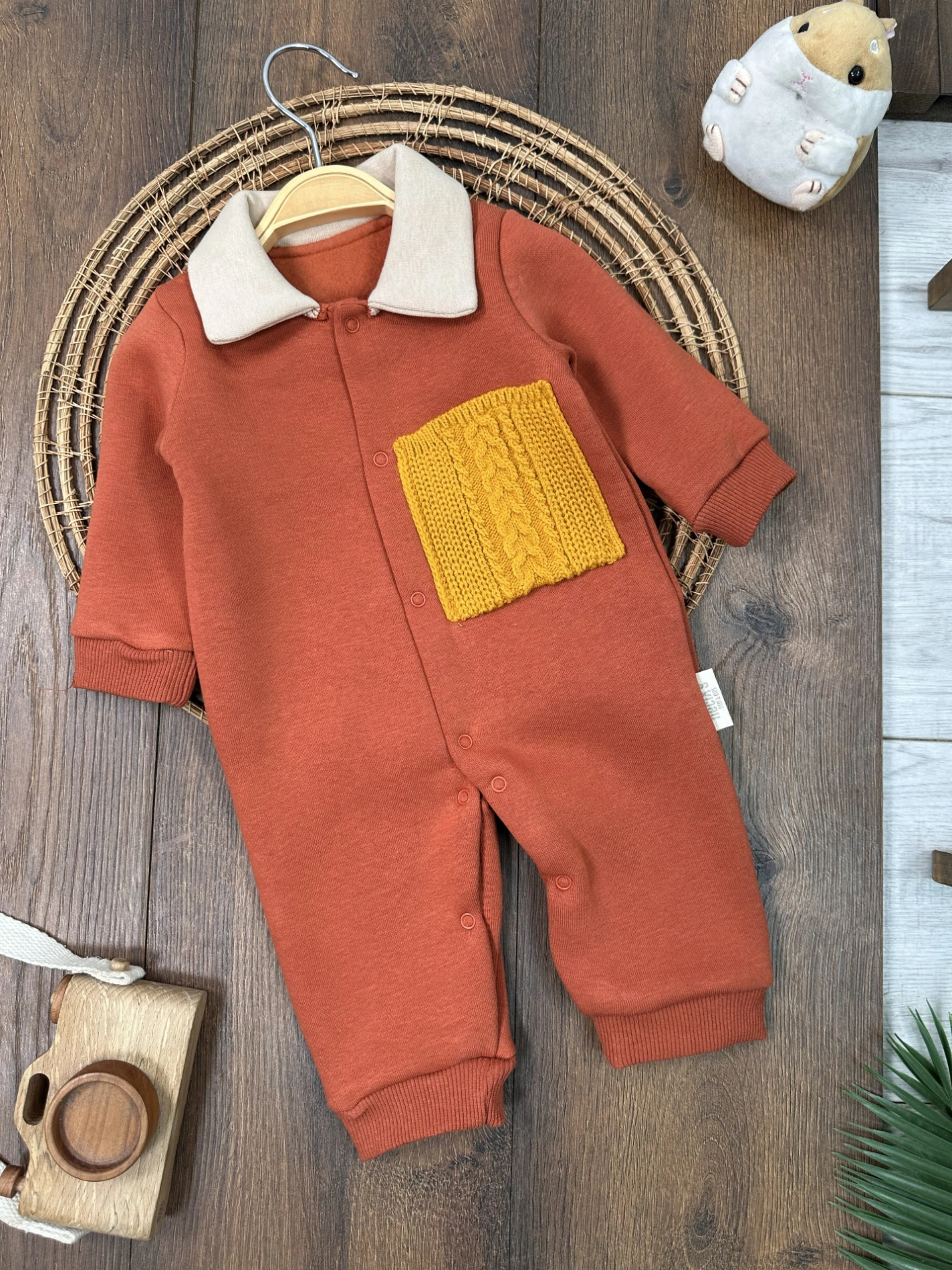 3 İplik İçi Şardonlu Polo Yaka Alttan Çıtçıtlı Kışlık Erkek Bebek Tulum - KİREMİT