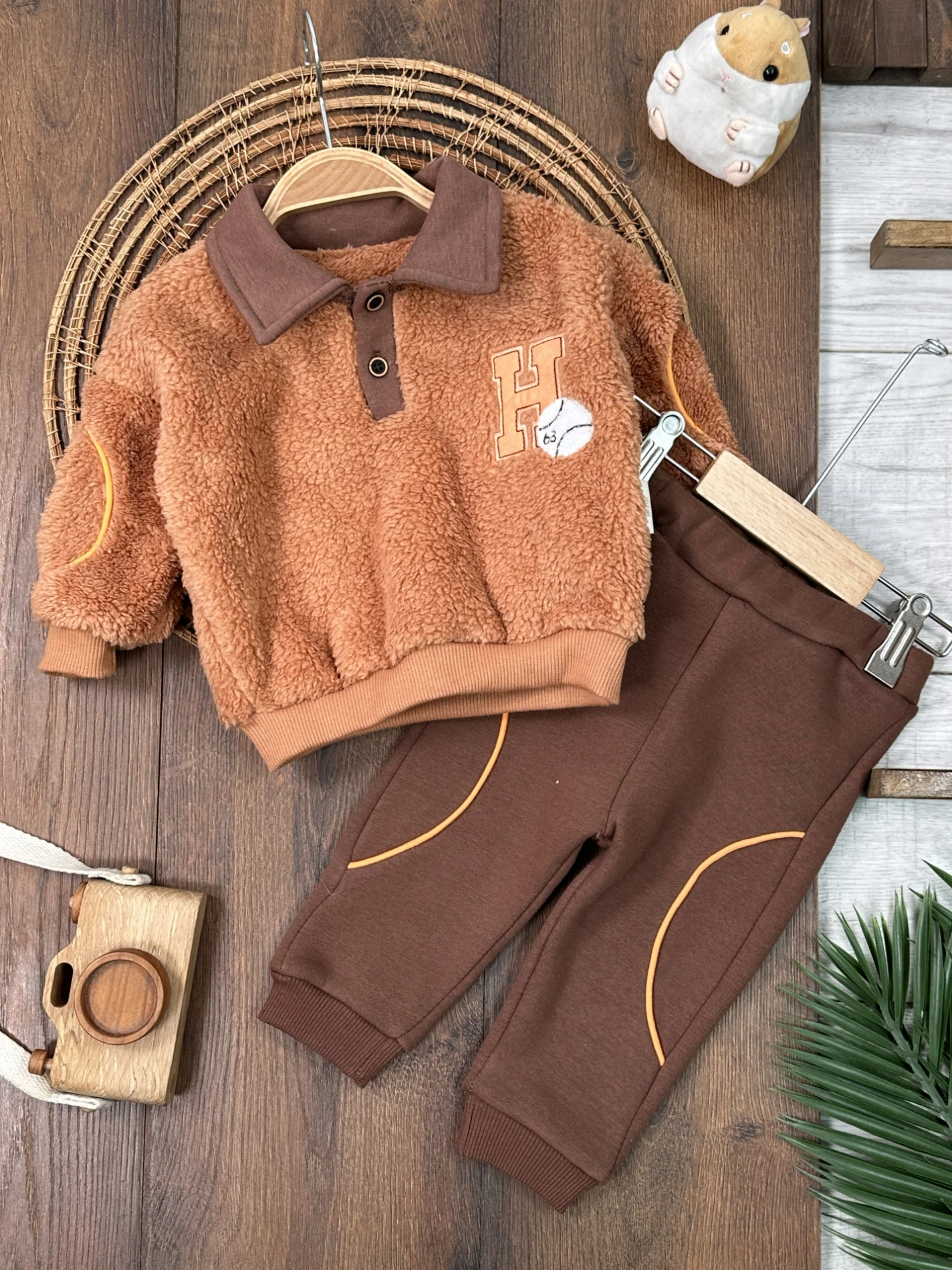 Peluş Polo Yaka Sweatshirt  3 İplik İçi Şardonlu Pantolon Kışlık Erkek Bebek Takım