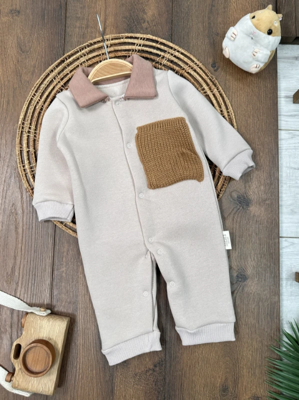 3 İplik İçi Şardonlu Polo Yaka Alttan Çıtçıtlı Kışlık Erkek Bebek Tulum