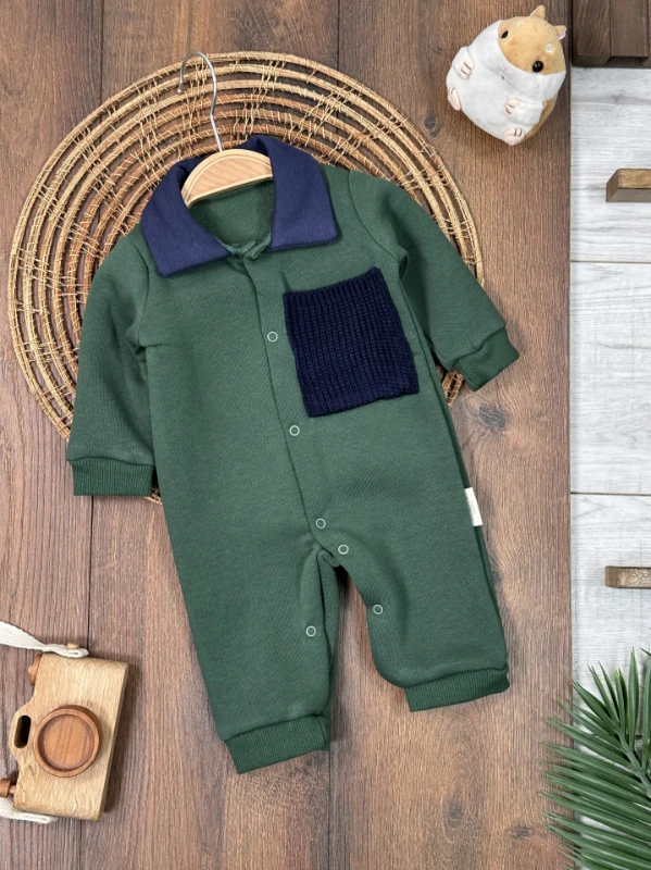 3 İplik İçi Şardonlu Polo Yaka Alttan Çıtçıtlı Kışlık Erkek Bebek Tulum