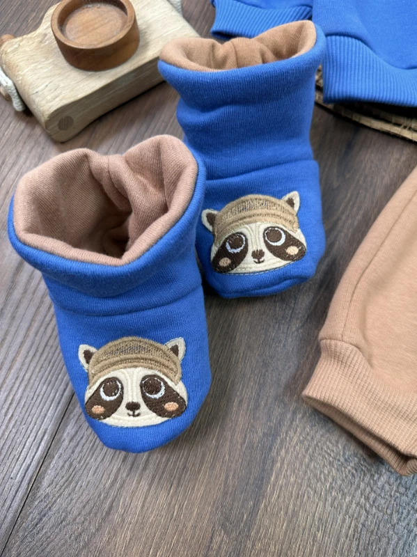 3 İplik İçi Şardonlu Panduf Patikli Rakun Figürlü Omuzdan Çıtçıtlı Kışlık Erkek Bebek Takım