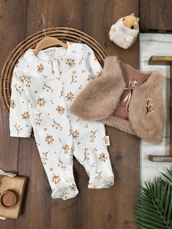 Peluş Yelekli Çiçek Desenli Önden Çıtçıtlı Kaşkorse Esnek Kız Bebek Tulum