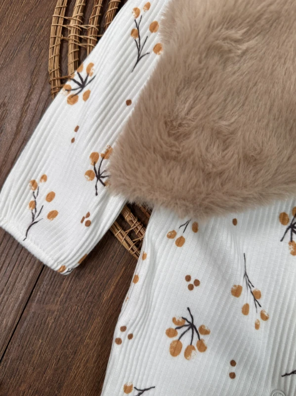 Peluş Yelekli Çiçek Desenli Önden Çıtçıtlı Kaşkorse Esnek Kız Bebek Tulum