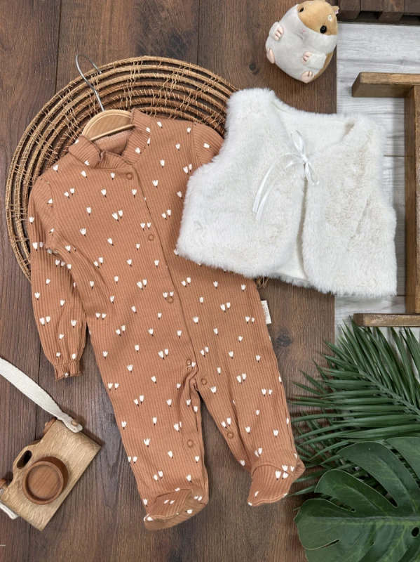 Peluş Yelekli Çiçek Desenli Önden Çıtçıtlı Kaşkorse Esnek Kız Bebek Tulum