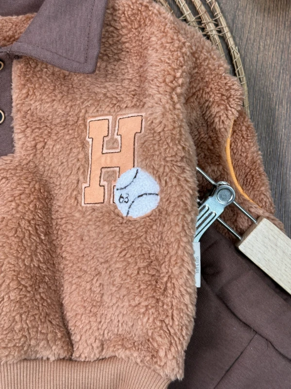 Peluş Polo Yaka Sweatshirt  3 İplik İçi Şardonlu Pantolon Kışlık Erkek Bebek Takım