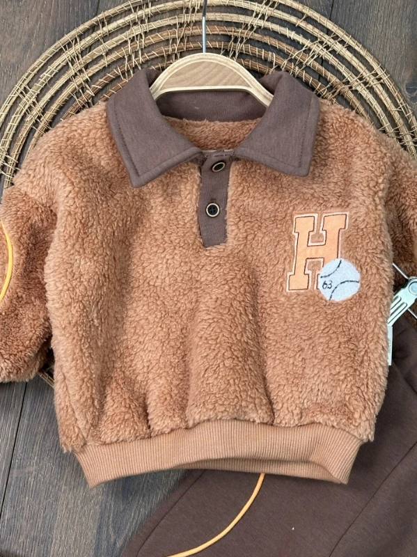 Peluş Polo Yaka Sweatshirt  3 İplik İçi Şardonlu Pantolon Kışlık Erkek Bebek Takım