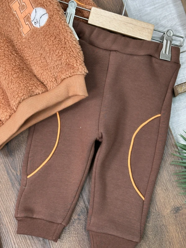 Peluş Polo Yaka Sweatshirt  3 İplik İçi Şardonlu Pantolon Kışlık Erkek Bebek Takım