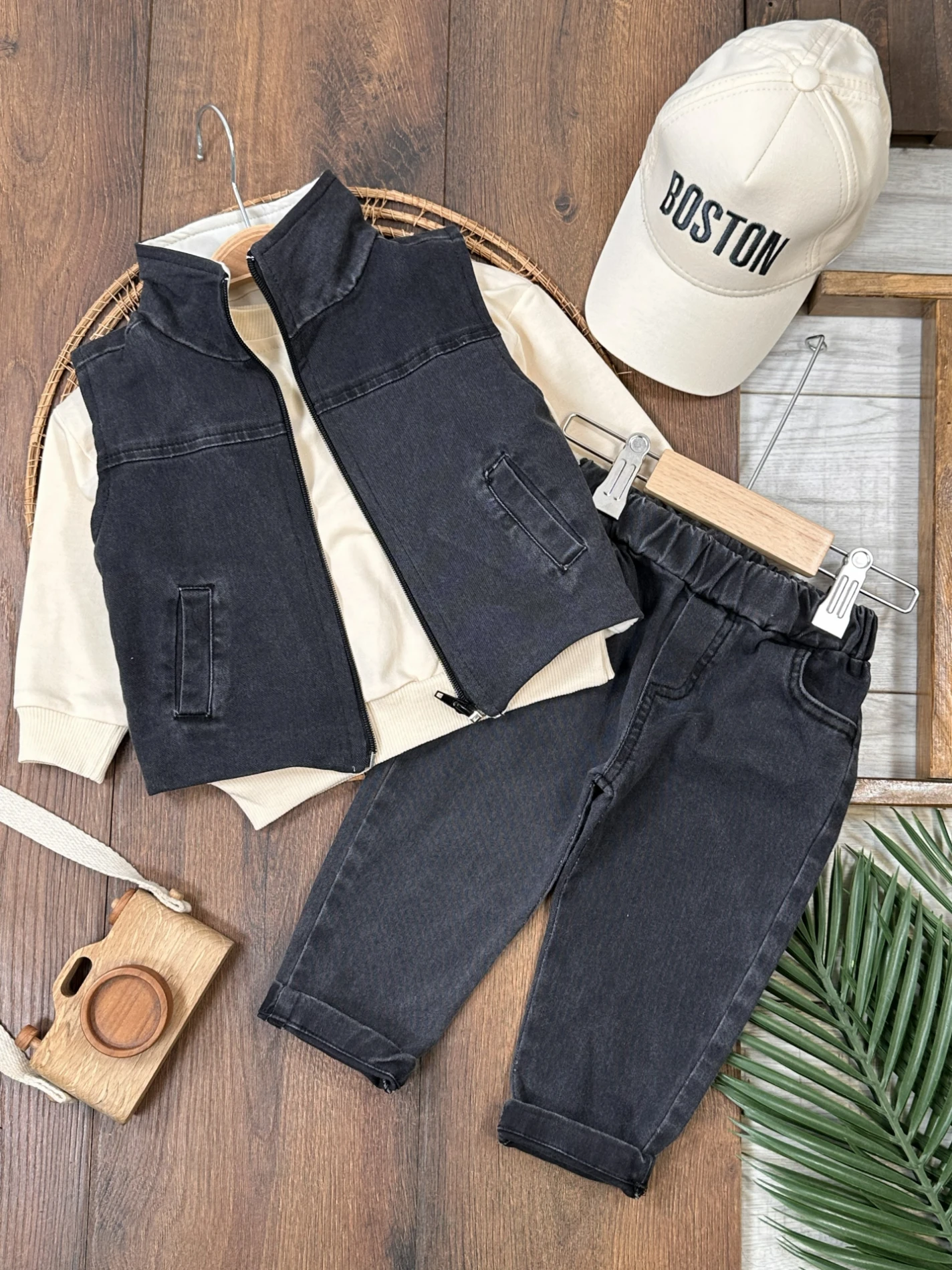 Boston Yelekli Şapkalı Oversize Sweatshirt Likralı Kot Erkek Bebek Takım - GRİ