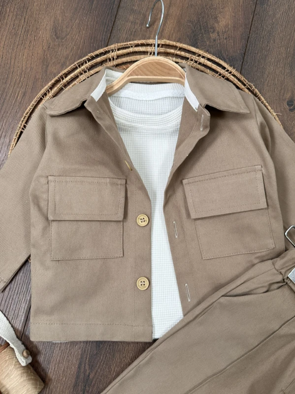 Keten Likralı Safari Model Omuzdan Çıtçıtlı Sweatshirt 3lü Erkek Bebek ve Çocuk Takım 